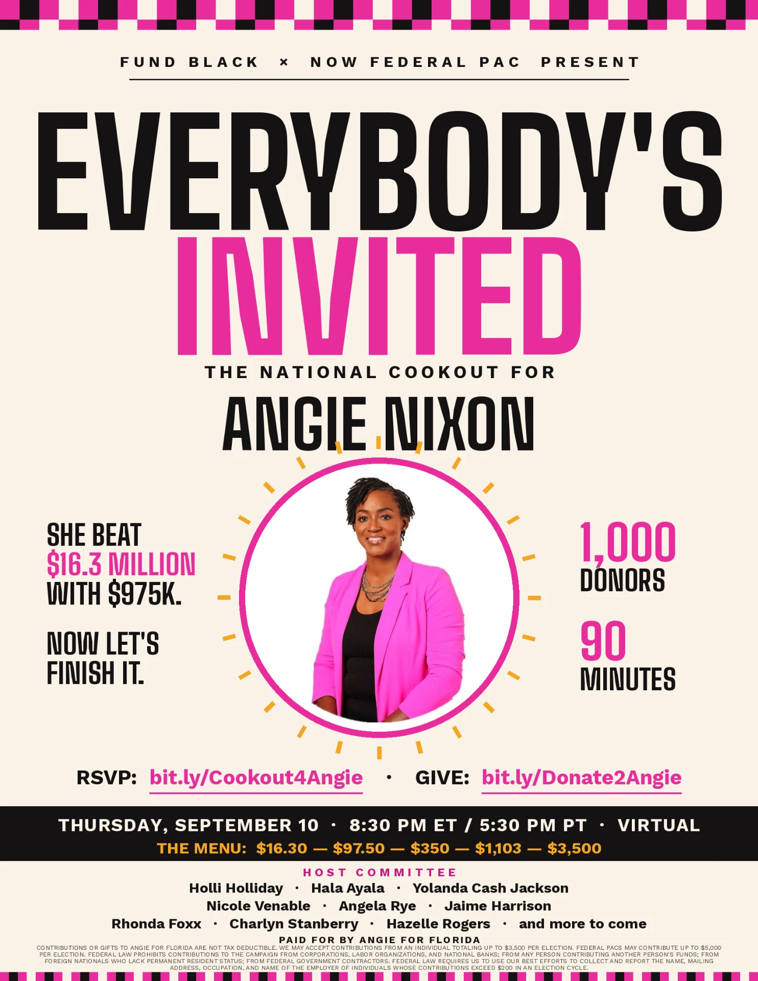 Everybody's Invited — The National Cookout for Angie Nixon. Thursday, September 10, 8:30 PM ET, virtual. RSVP at bit.ly/Cookout4Angie or give at bit.ly/Donate2Angie.